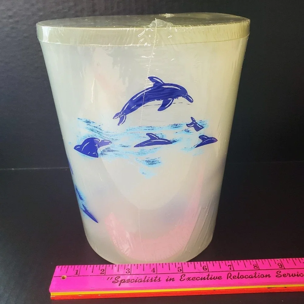 Vtg NOS DOLPHIN Plastic Bathroom Set Trash, Soap Holder, Dispenser, Toilet Brush